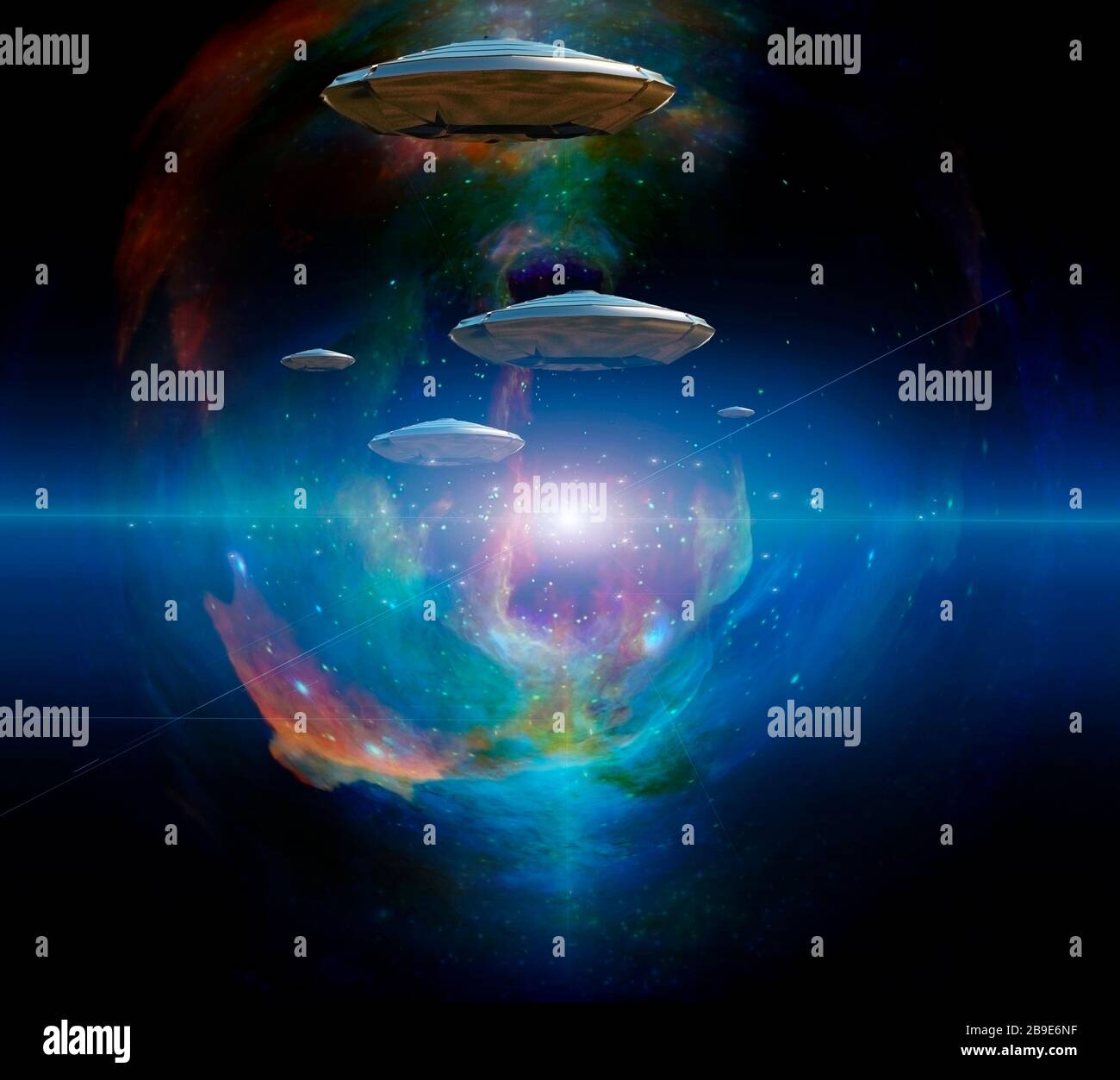 Flying saucers in colorful universe Stock Photo Alamy