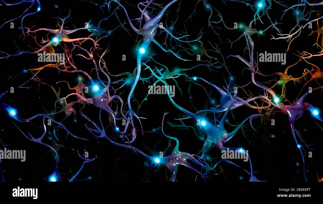 Brain cells with glowing nodes of colorful neurons. Stock Photo