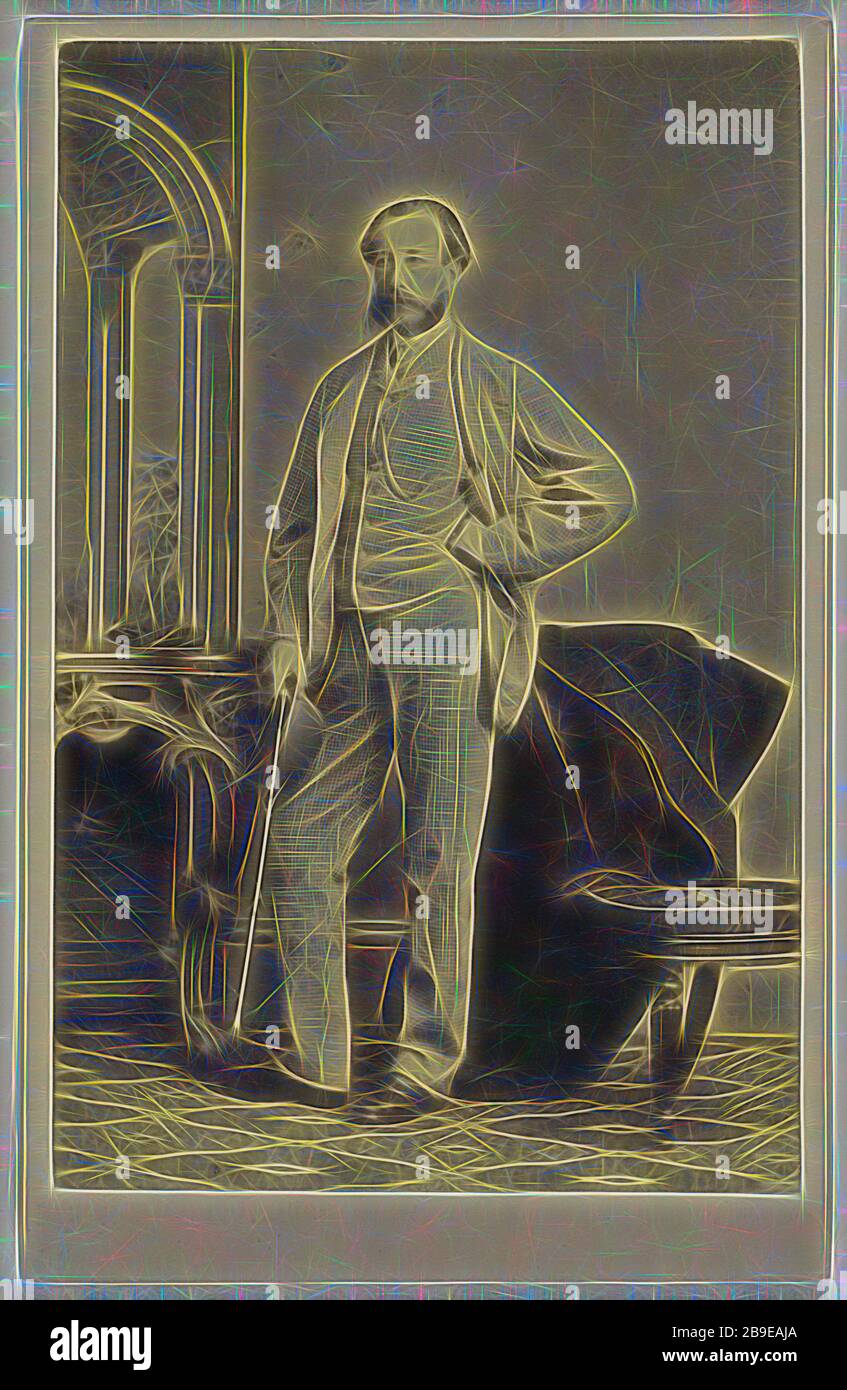 bearded man standing, holding a walking stick, Thomas Rodger (Scottish, 1832 - 1883), 1865 - 1870, Albumen silver print, Reimagined by Gibon, design of warm cheerful glowing of brightness and light rays radiance. Classic art reinvented with a modern twist. Photography inspired by futurism, embracing dynamic energy of modern technology, movement, speed and revolutionize culture. Stock Photo