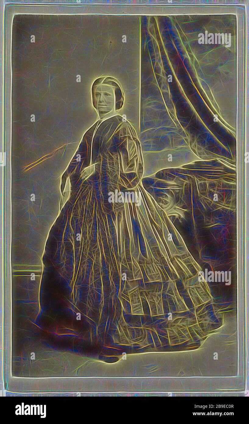 woman wearing a long dark dress, standing, Thomas Rodger (Scottish, 1832 - 1883), 1865 - 1870, Albumen silver print, Reimagined by Gibon, design of warm cheerful glowing of brightness and light rays radiance. Classic art reinvented with a modern twist. Photography inspired by futurism, embracing dynamic energy of modern technology, movement, speed and revolutionize culture. Stock Photo