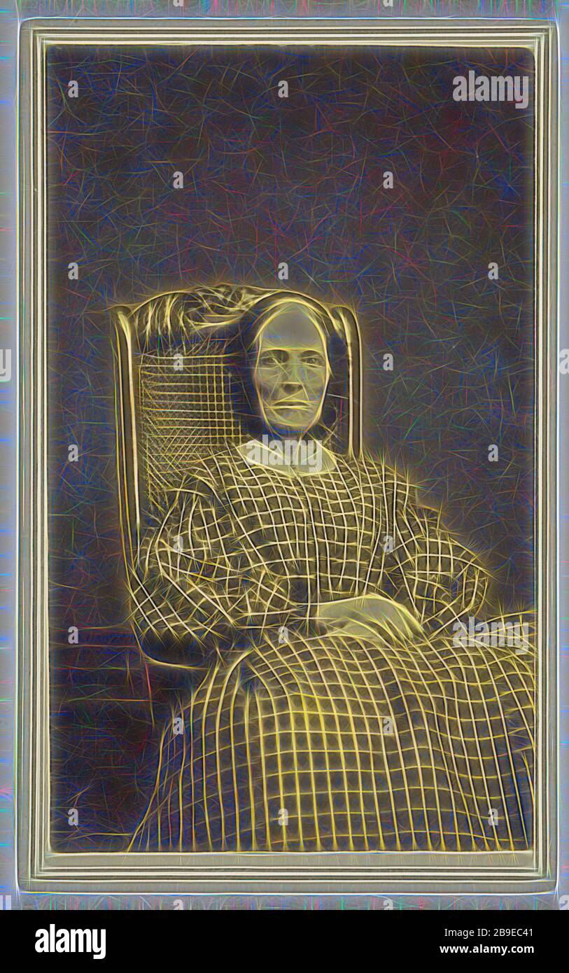 woman wearing a checkered dress, seated in a wicker chair, Abraham F. Burnham (American, active 1880s - 1890s), 1866, Albumen silver print, Reimagined by Gibon, design of warm cheerful glowing of brightness and light rays radiance. Classic art reinvented with a modern twist. Photography inspired by futurism, embracing dynamic energy of modern technology, movement, speed and revolutionize culture. Stock Photo