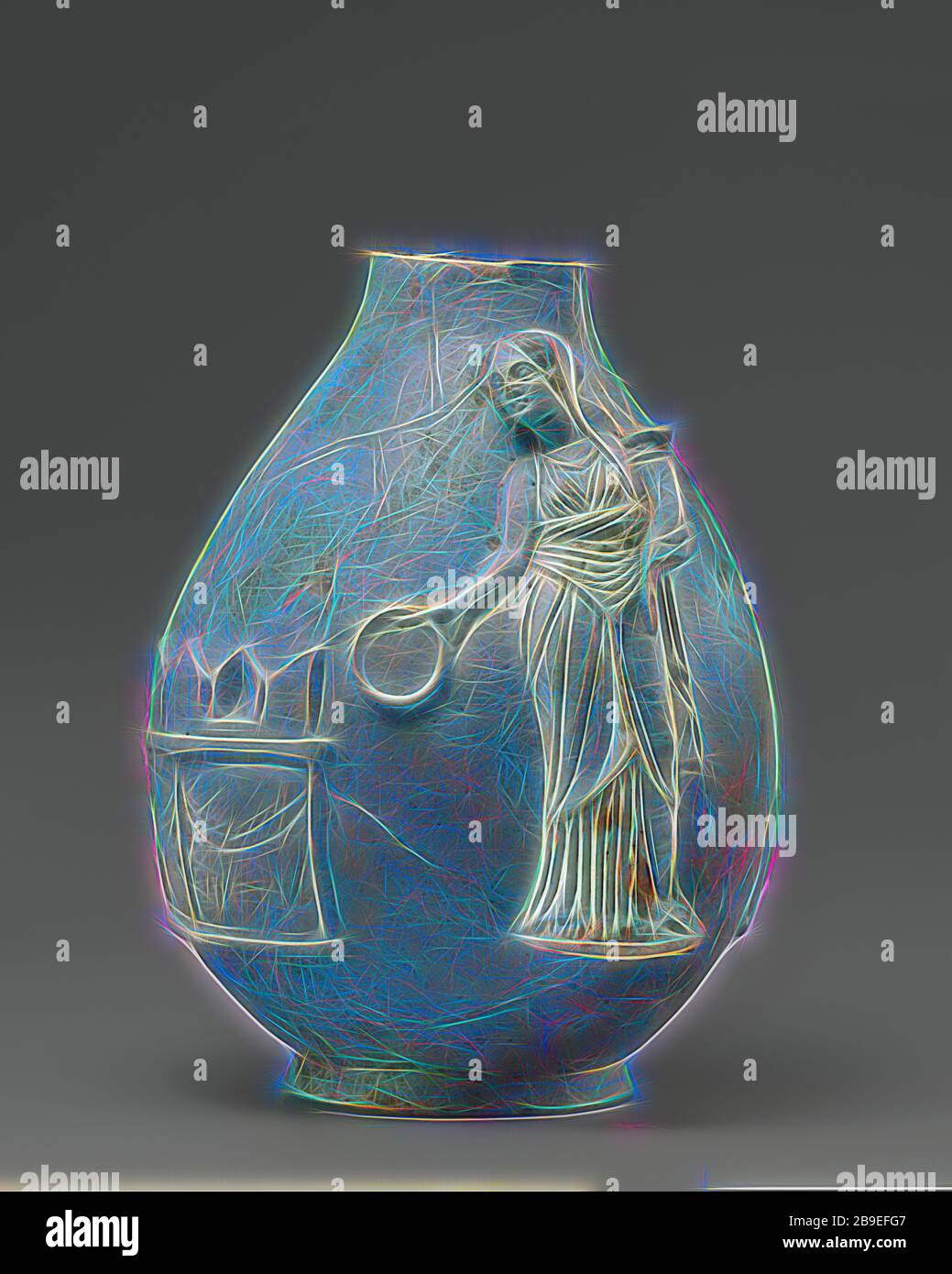 Queen's Vase with Berenike II, Egypt, 243 - 222 B.C, Faience, 22.2 × 14 cm (8 3,4 × 5 1,2 in, Reimagined by Gibon, design of warm cheerful glowing of brightness and light rays radiance. Classic art reinvented with a modern twist. Photography inspired by futurism, embracing dynamic energy of modern technology, movement, speed and revolutionize culture. Stock Photo