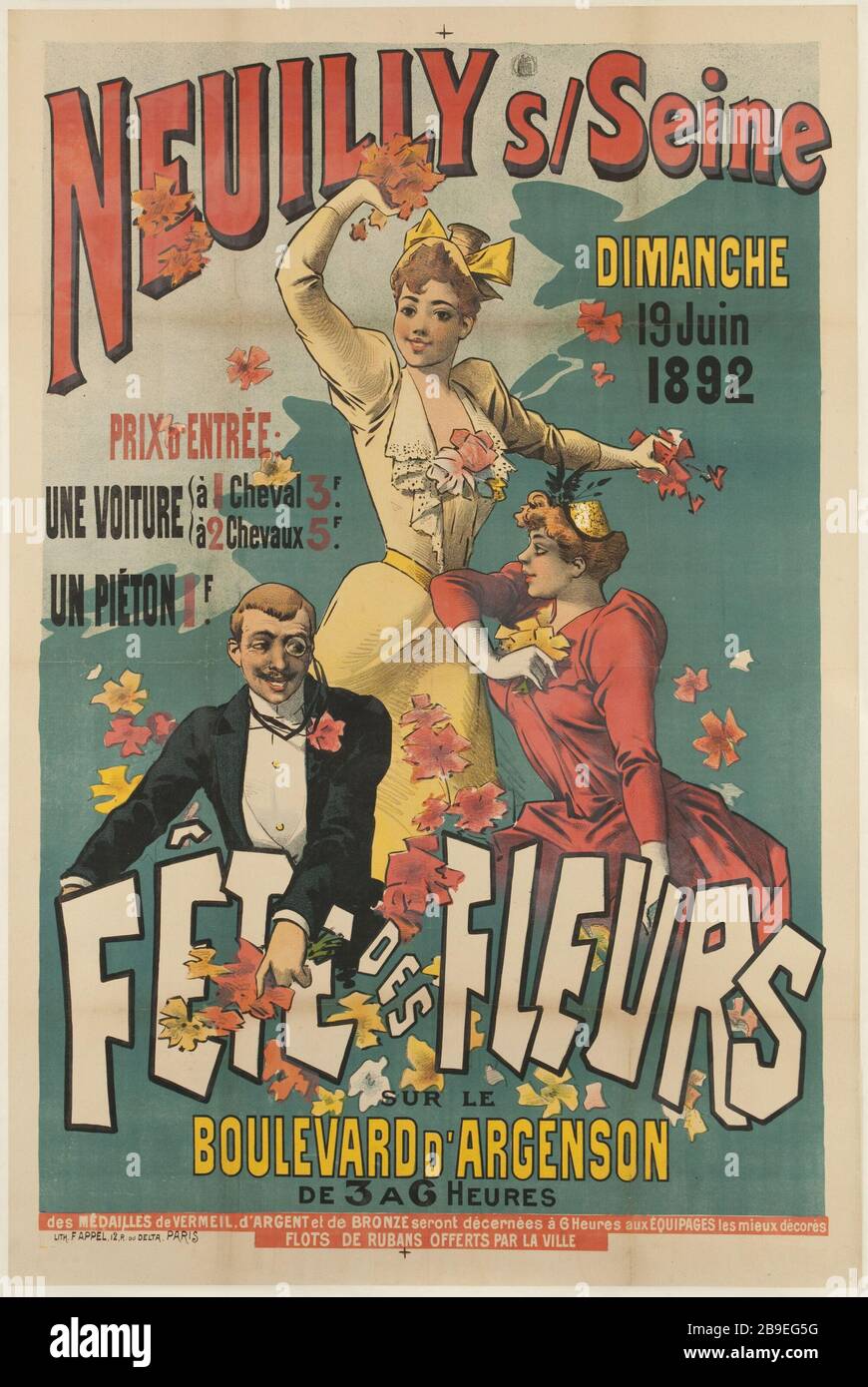 NEUILLY S / SEINE FESTIVAL OF FLOWERS Anonyme. 'Neuilly-sur-Seine, Fête des fleurs'. Lithographie. 1892. Paris, musée Carnavalet. Stock Photo