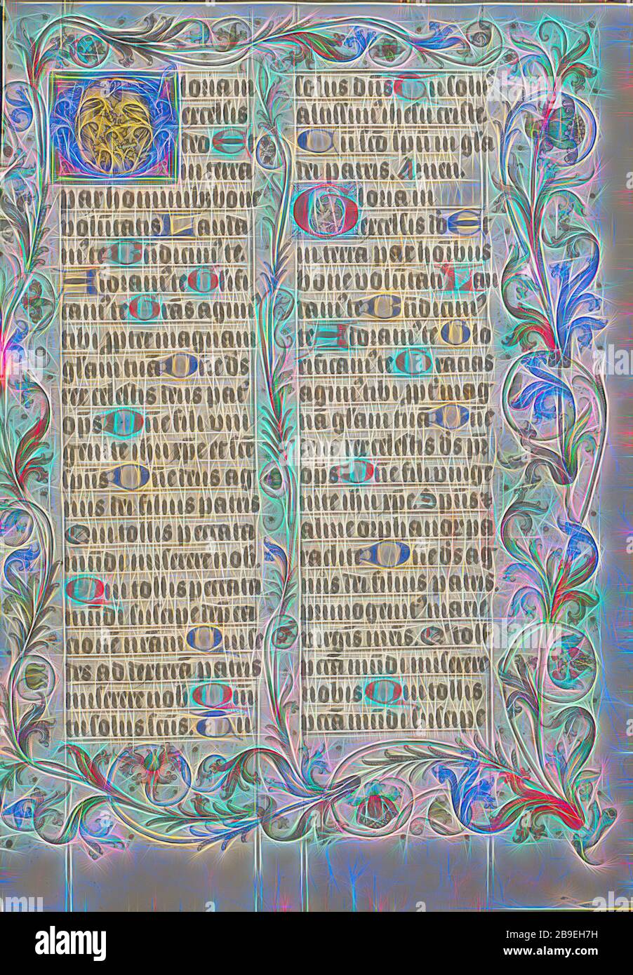 Decorated Initial G, Westphalia, Germany, about 1500 - 1505, Tempera colors, gold paint, and ink on parchment, Leaf: 38.7 x 27.9 cm (15 1,4 x 11 in, Reimagined by Gibon, design of warm cheerful glowing of brightness and light rays radiance. Classic art reinvented with a modern twist. Photography inspired by futurism, embracing dynamic energy of modern technology, movement, speed and revolutionize culture. Stock Photo