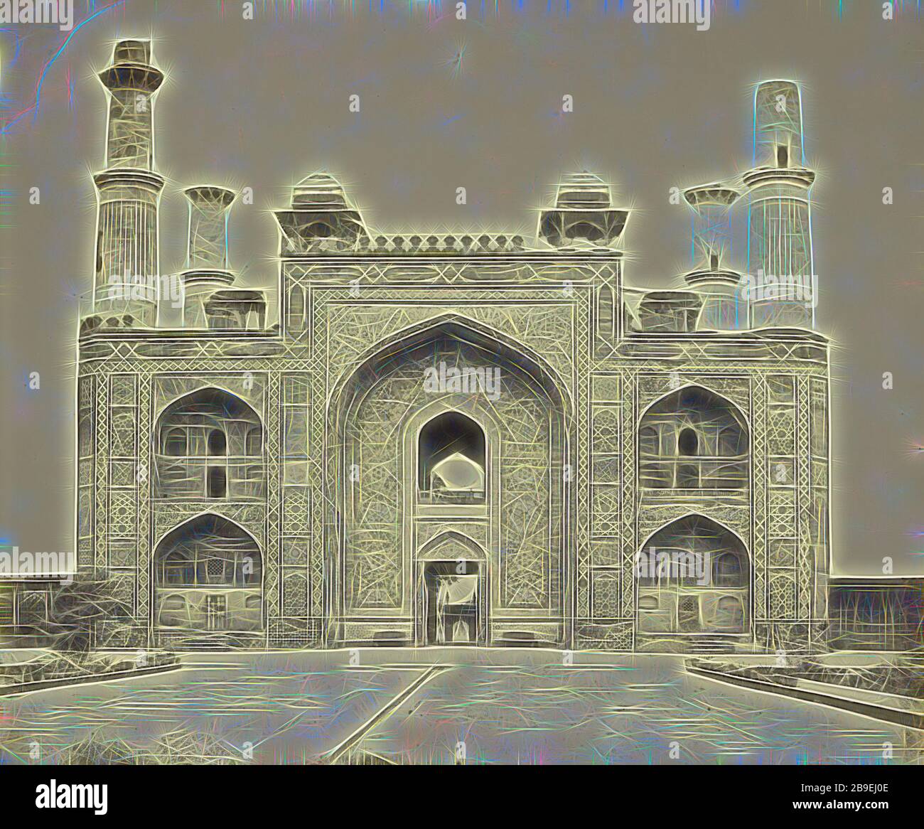 Gateway of Akbar's Tomb, Felice Beato (English, born Italy, 1832 - 1909), Henry Hering (British, 1814 - 1893), India, about April 1859, Albumen silver print, Reimagined by Gibon, design of warm cheerful glowing of brightness and light rays radiance. Classic art reinvented with a modern twist. Photography inspired by futurism, embracing dynamic energy of modern technology, movement, speed and revolutionize culture. Stock Photo