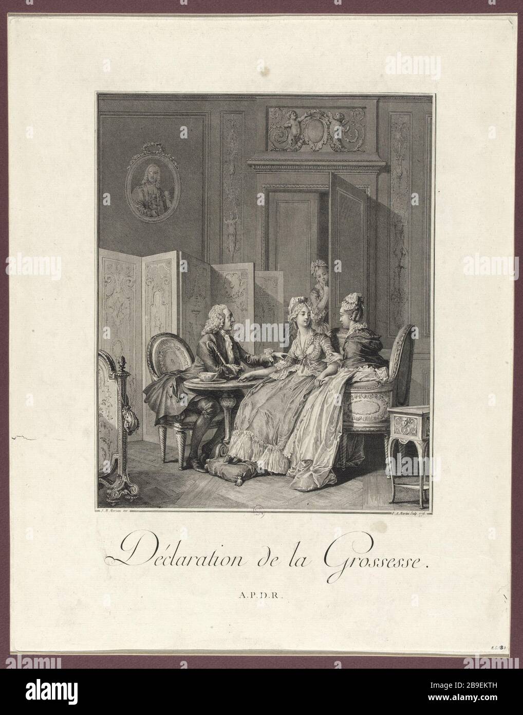 DECLARATION OF PREGNANCY jean-Charles Baquoy (1721-1777), d'après Moreau le Jeune. 'Déclaration de la grossesse'. Eau-forte, 1776. Paris, musée Carnavalet. Stock Photo