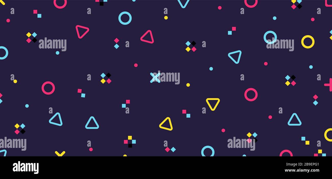 Abstract colorful geometric hipster pattern elements on purple background retro 80's. Vector illustration Stock Vector