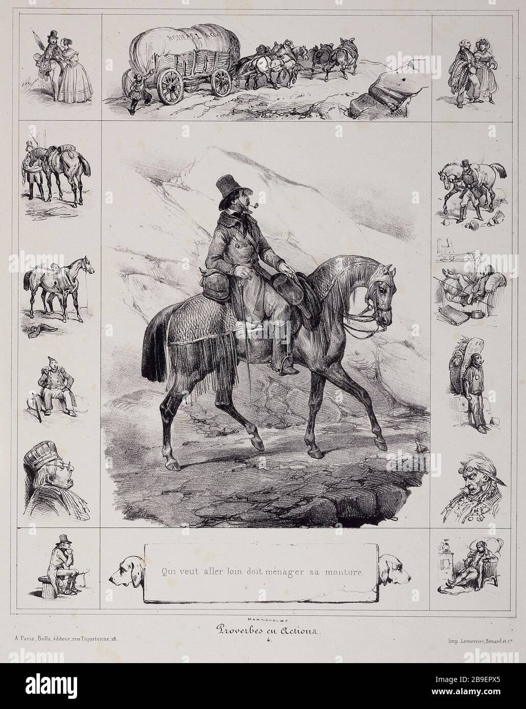 WHO WANTS TO GET AHEAD SHOULD HOUSEHOLD SA MOUNT. - Proverbs IN actions.4 Jean-Victor Adam, dit Victor Adam (1801-1866) / Joseph Lemercier (1803-1887) / Joseph Bulla / Auguste Sébastien Bénard (1810-1873). "Qui veut aller loin doit ménager sa monture". Proverbes en actions. 4. Suite. Lithographie, 1840. Paris, musée Carnavalet. Stock Photo