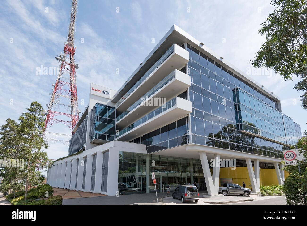 Head office for Australia's Foxtel Sports broadcast and production house in the Sydney suburb of Artarmon, New South Wales, Australia Stock Photo