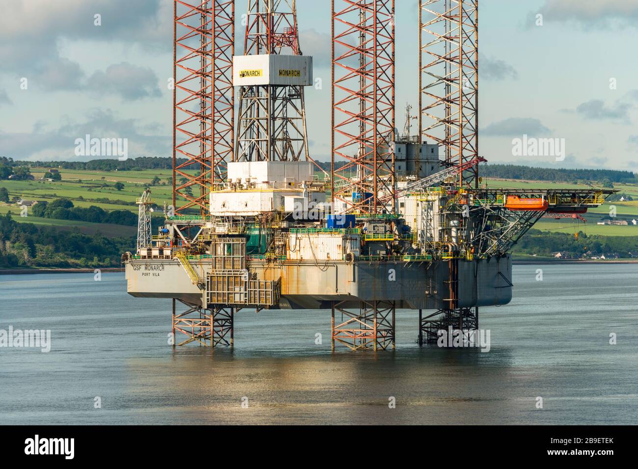 GSF Monarch (1986) is an offshore oil drilling platform, laid up in the Cromarty Firth, Scotland, UK, 2016. Stock Photo