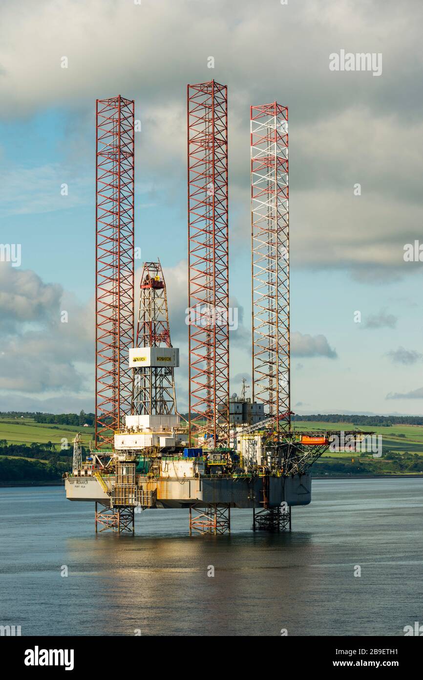 GSF Monarch (1986) is an offshore oil drilling platform, laid up in the Cromarty Firth, Scotland, UK, 2016. Stock Photo