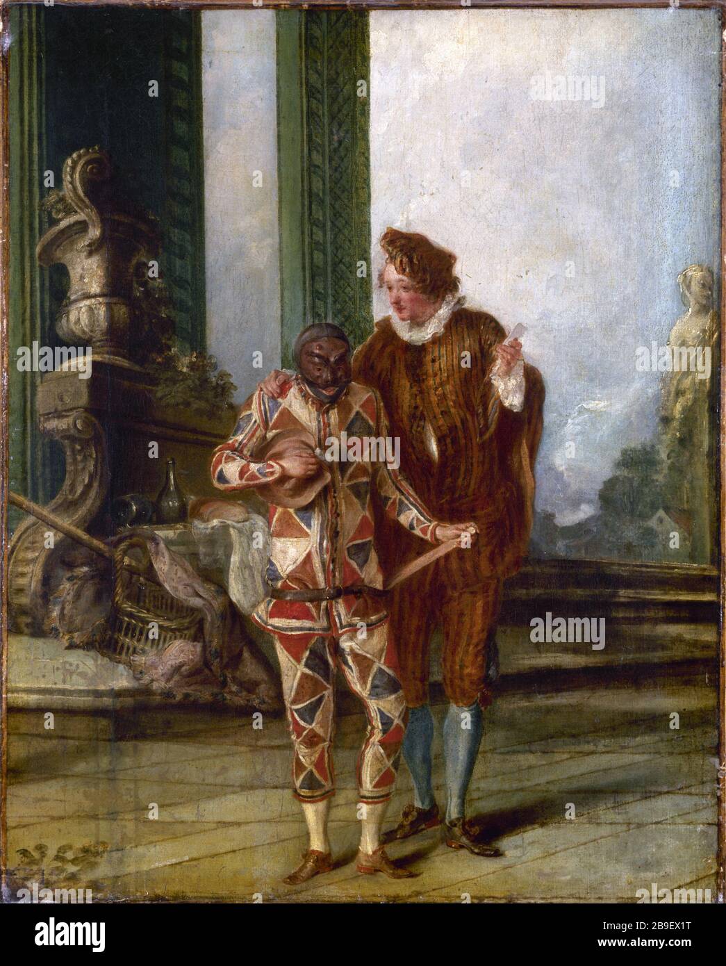 SCENE OF THE Comedie Italienne: ARLEQUIN ET RICOBONI 'Scène de la comédie italienne : Arlequin et Ricoboni, vers 1720'. Huile sur toile. Paris, musée Carnavalet. Stock Photo