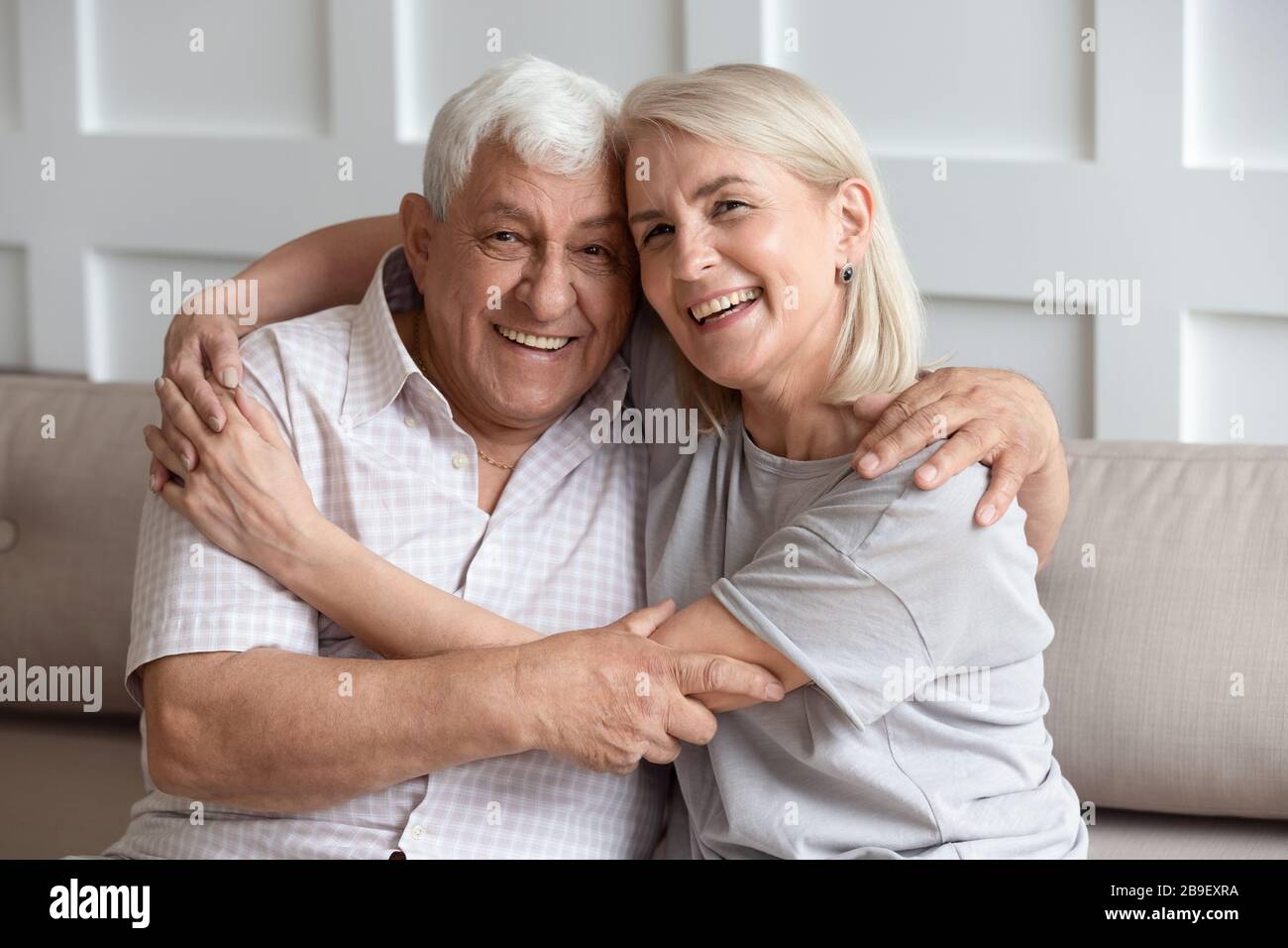 Head shot portrait older wife and husband with healthy smiles Stock Photo