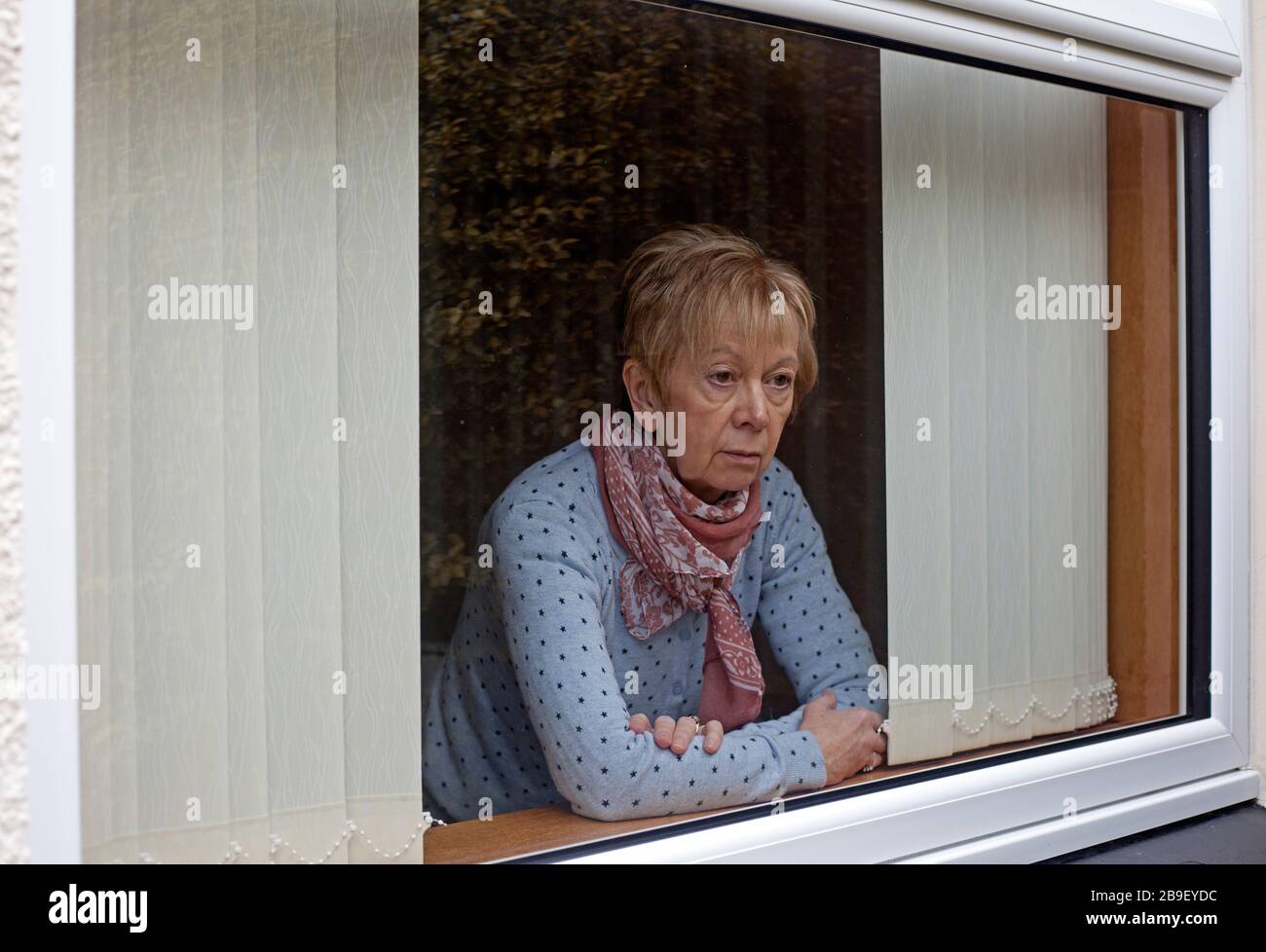 Edinburgh, Scotland, UK. 24th Mar 2020. Stringent new measures to fight coronavirus sees a ban on people gathering in public and restrictions on people leaving their homes.Scottish First Minister urges public to stay at home and says new rules amount to 'lockdown'. Pictured: elderly female  looking depressed for what the future holds as  she looks out of house window, the quarantine could last for a minimum of three weeks.  499 people in Scotland have tested positive for coronavirus in Scotland - with 14 deaths. (posed by model) Stock Photo