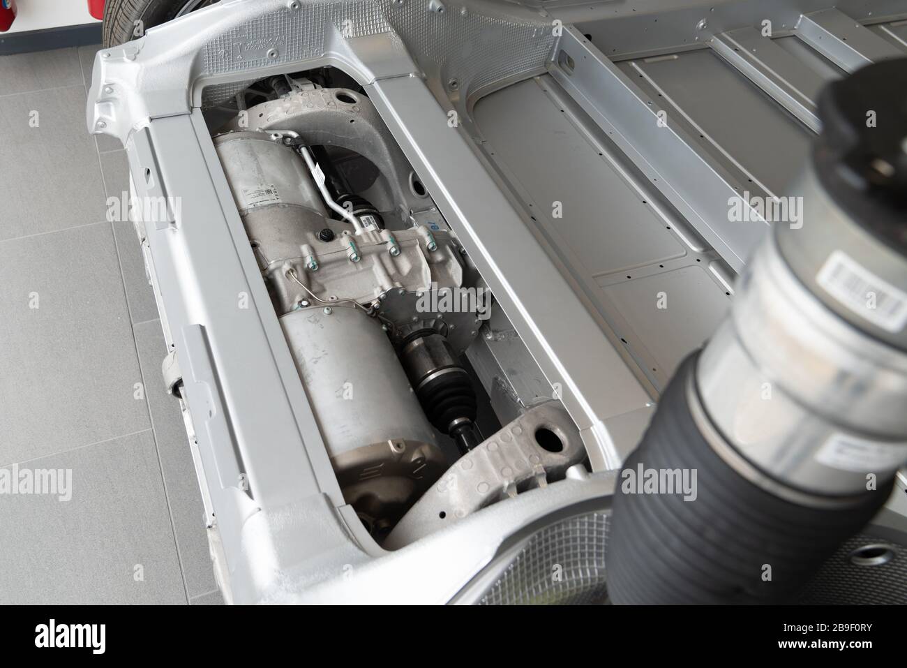 Bordeaux , Aquitaine / France - 11 07 2019 : tesla motor engine detail four wheels drive model s chassis Stock Photo