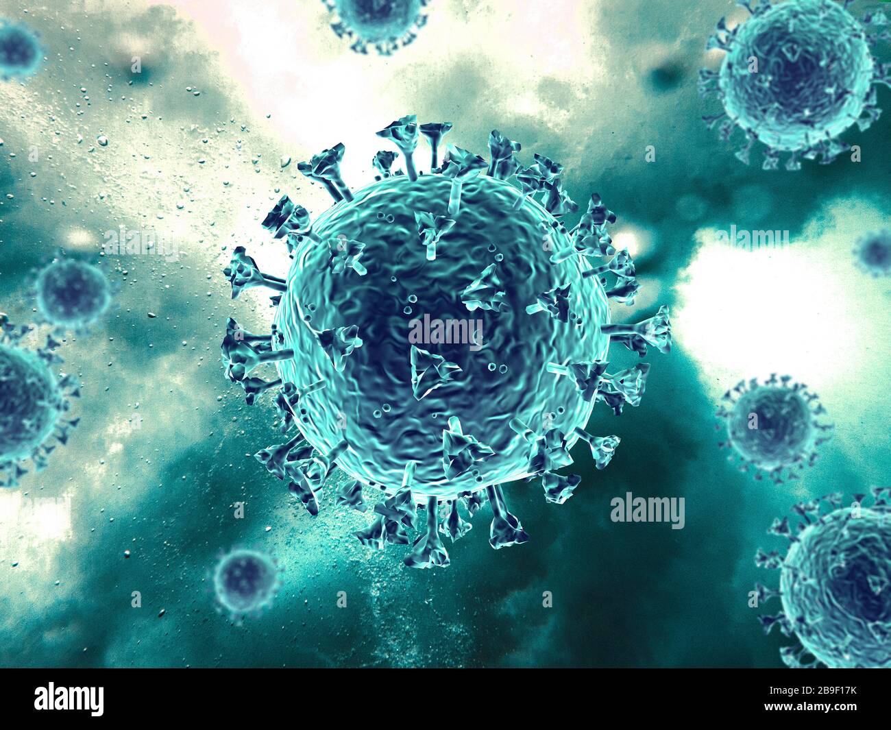 3D illustration of a turquoise colored coronavirus on a turquoise background. Stock Photo