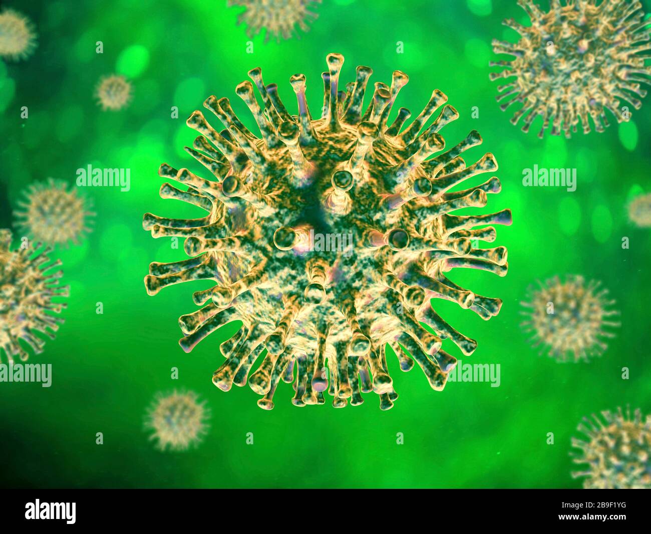 3D illustration of a colored coronavirus on a green background. Stock Photo