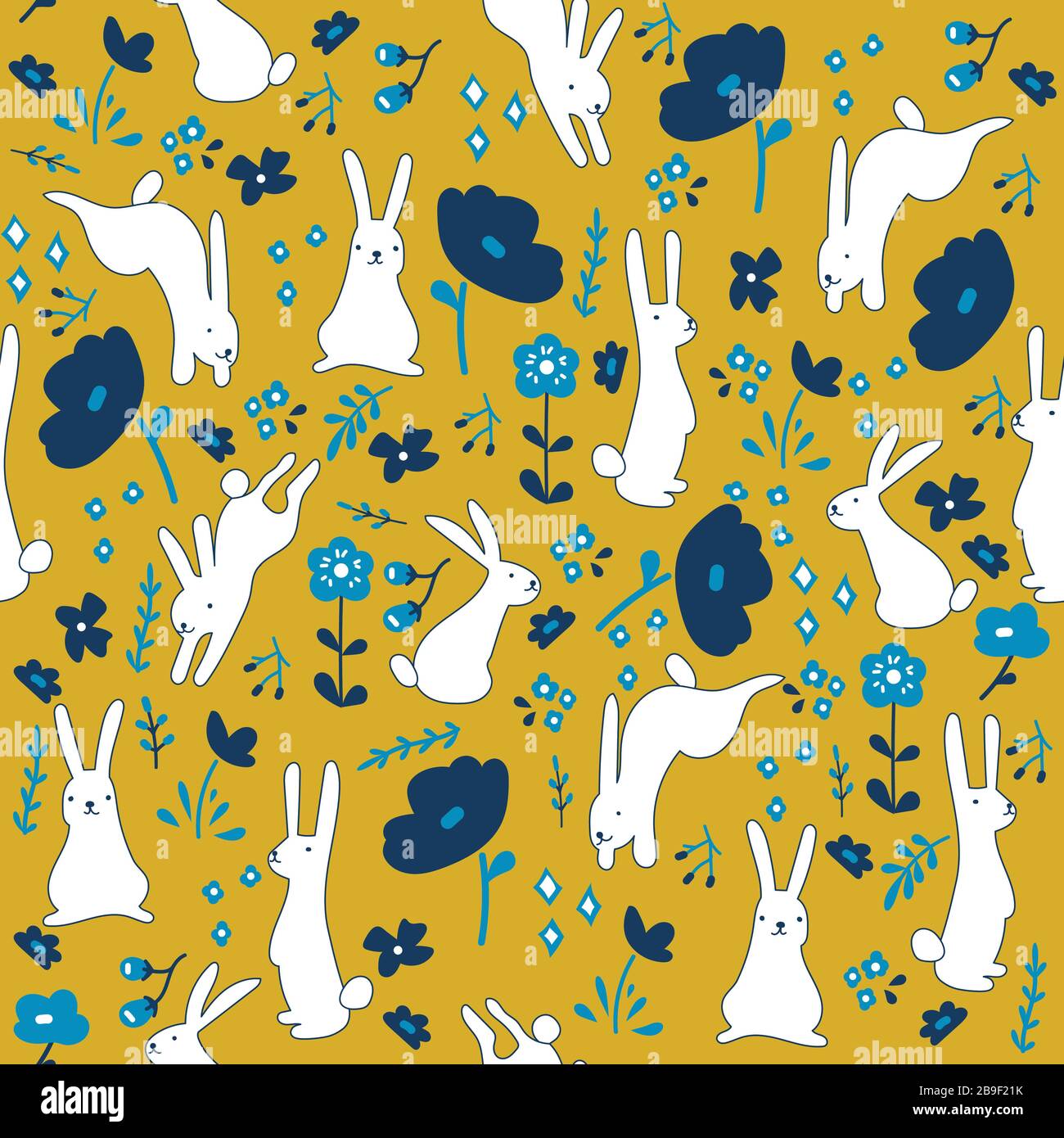 Lovely rabbits in hearts and flowers. Cute childish seamless pattern in ...
