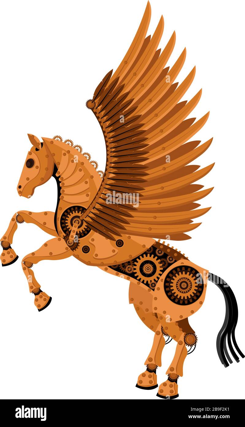 Fantastic horse Pegasus in the style of steampunk. Vector illustration of a winged horse on a white isolated background. Stock Vector