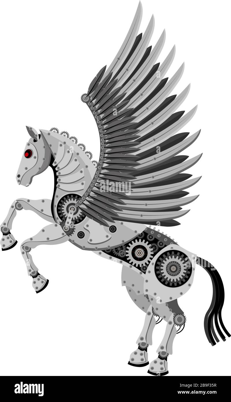 Fantastic horse Pegasus in the style of a mechanical robot. Vector  illustration of a winged horse on a white isolated background Stock Vector  Image & Art - Alamy