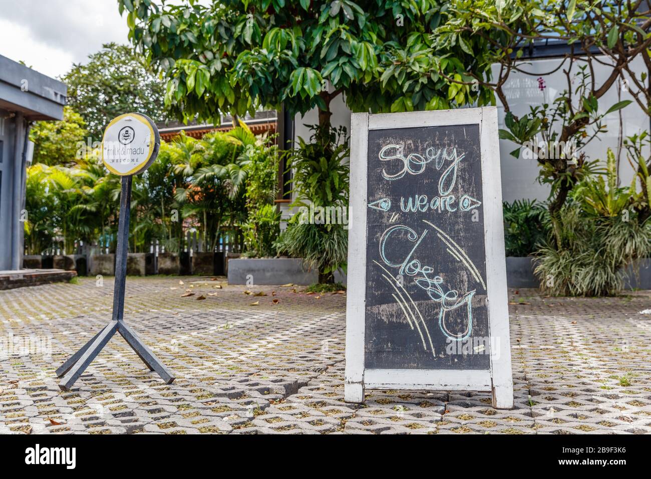 Closed cafes for quarantine for COVID-19. Canggu, one of Bali most popular tourist areas. Indonesia. March 24, 2020. Stock Photo