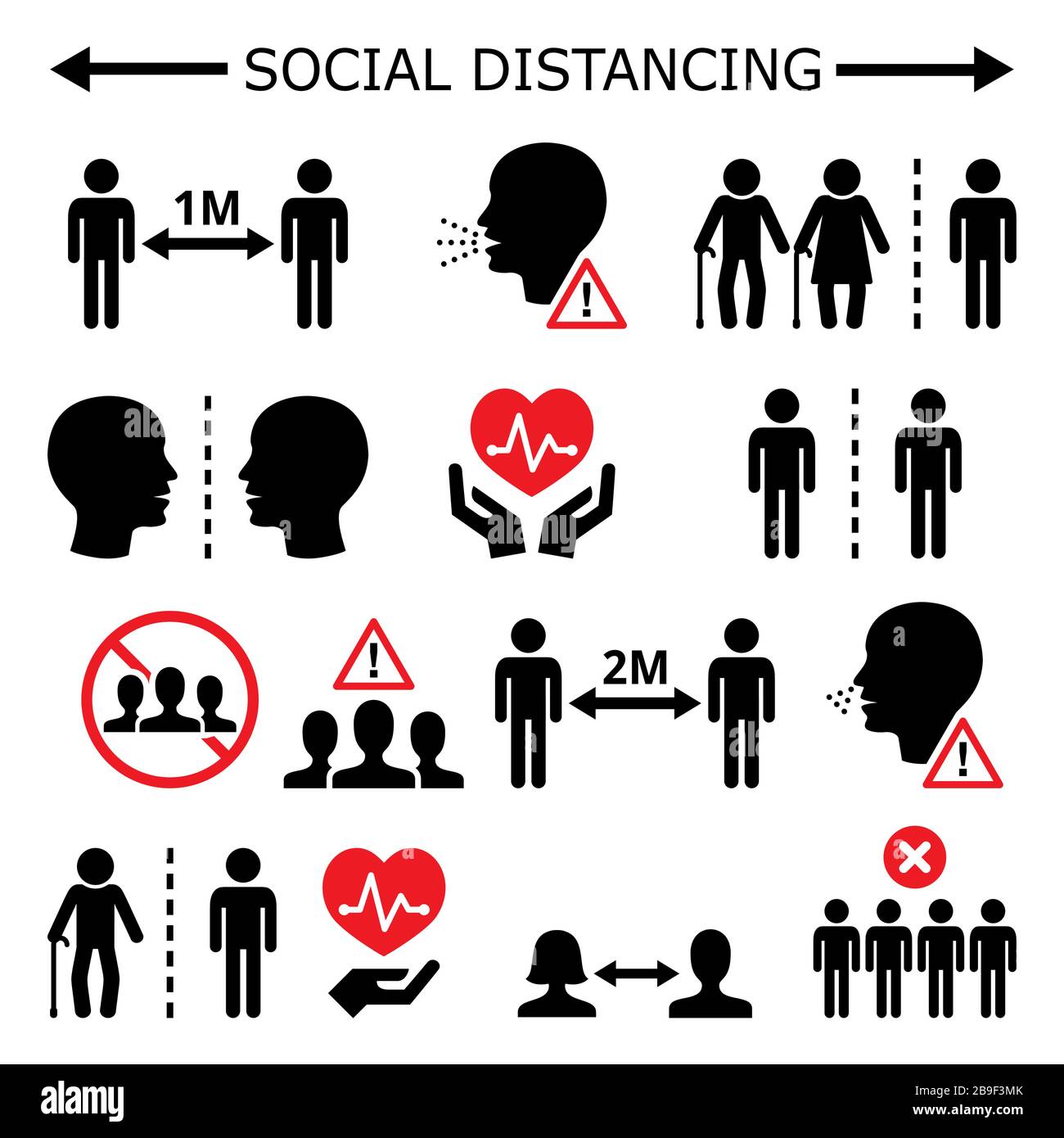 Social distancing during pandemic or epidemic vector icons set, keeping a distance between people, self-quarantine and self-isolation in society conce Stock Vector