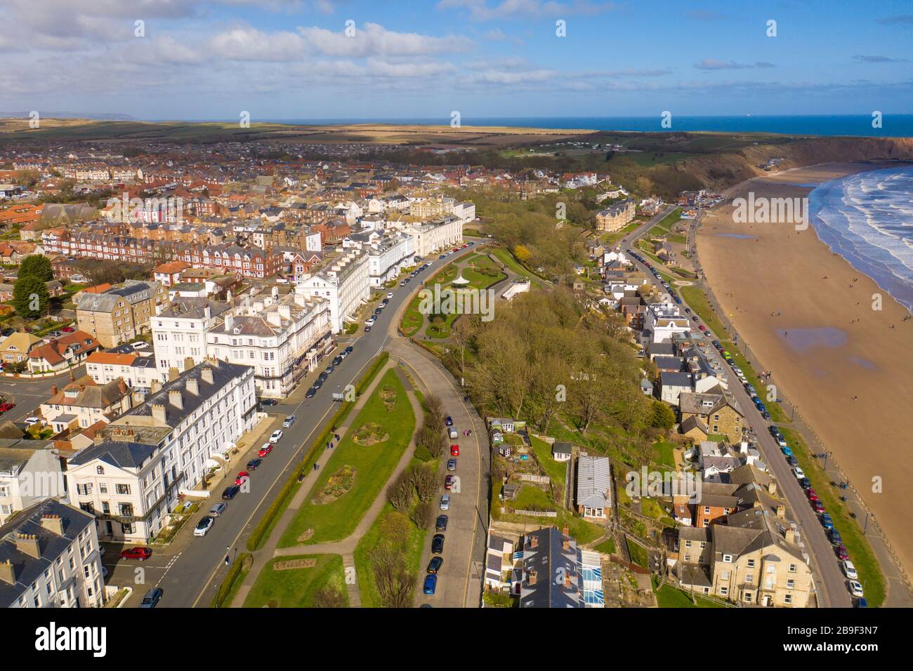 Aerial photo of the British seaside town of Filey, the seaside coastal