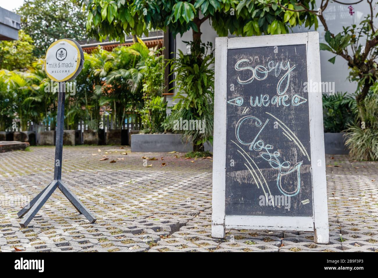 Closed cafes for quarantine for COVID-19. Canggu, one of Bali most popular tourist areas. Indonesia. March 24, 2020. Stock Photo