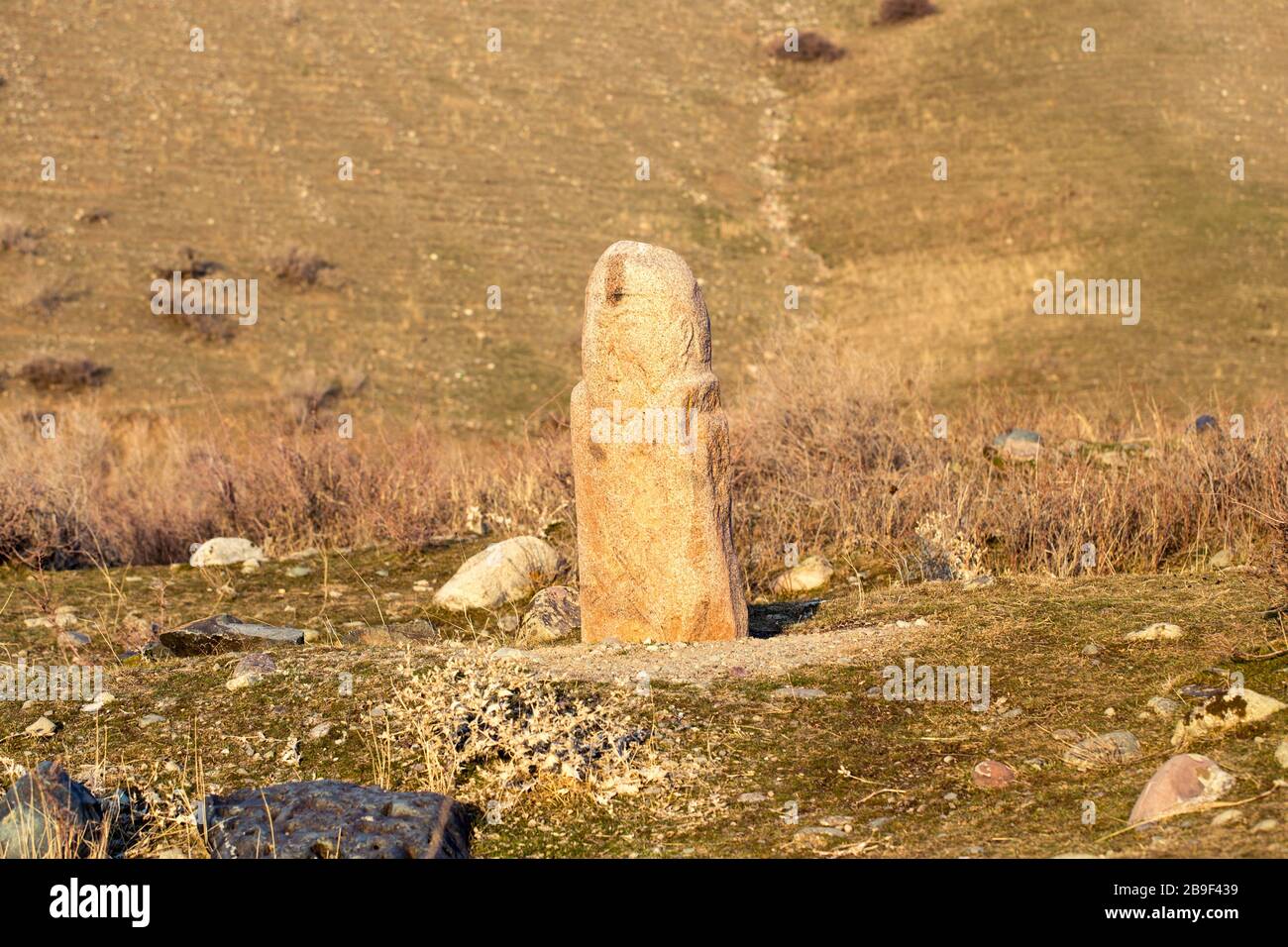 balbal stone warrior. Stone ancient statue Kyrgyzstan. Central Asia. Stock Photo