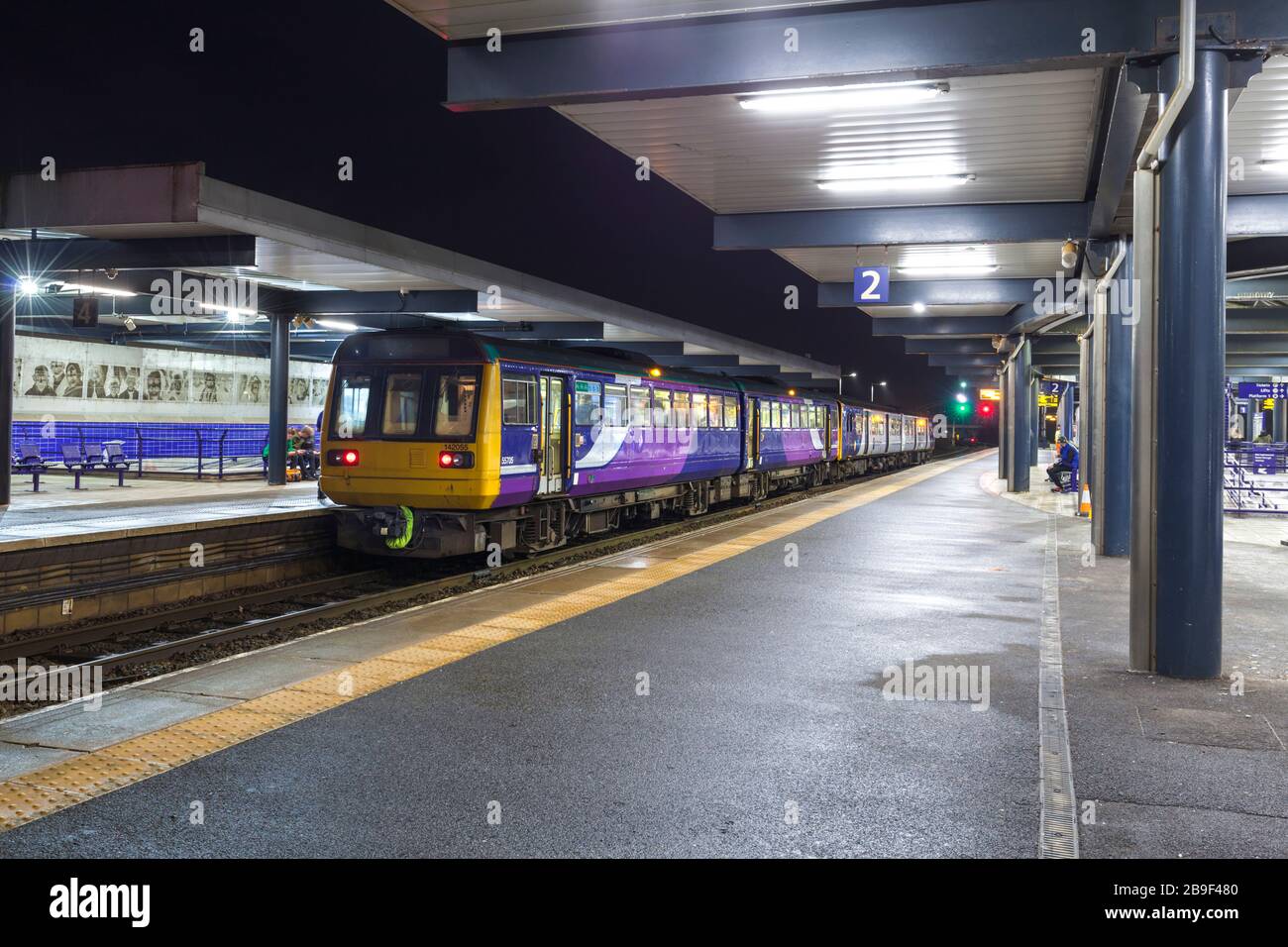 Northern Rail class 142 pacer train 142055 at Blackburn railway station on the rear of a Clitheroe to Rochdale train Stock Photo
