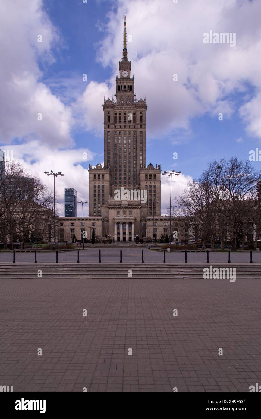 Empty deserted city Centre of Warsaw, Poland during coronavirus pandemic Stock Photo