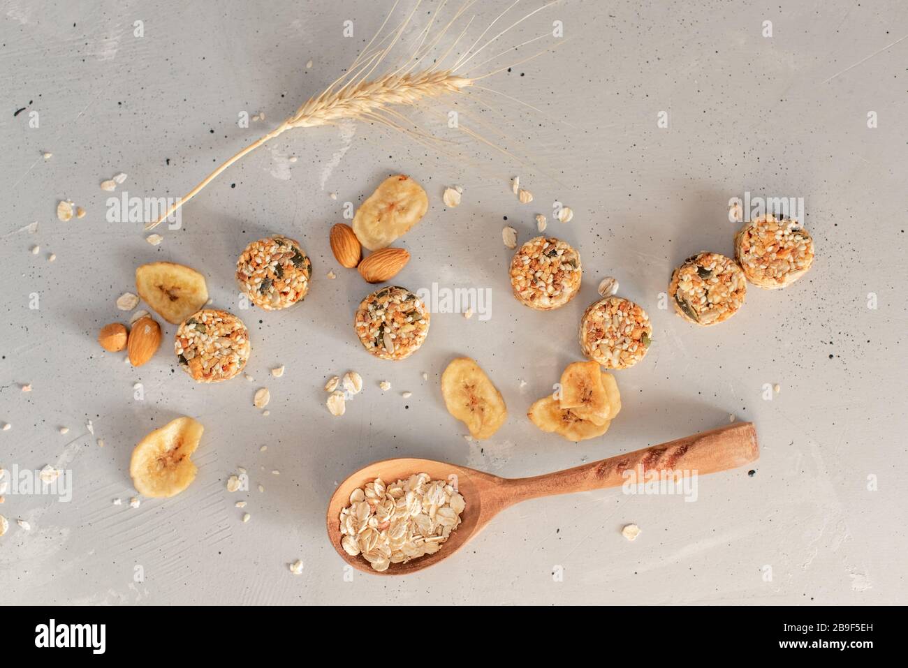 Raw vegan healthy dessert, date and nuts bliss balls, ingredients. Top