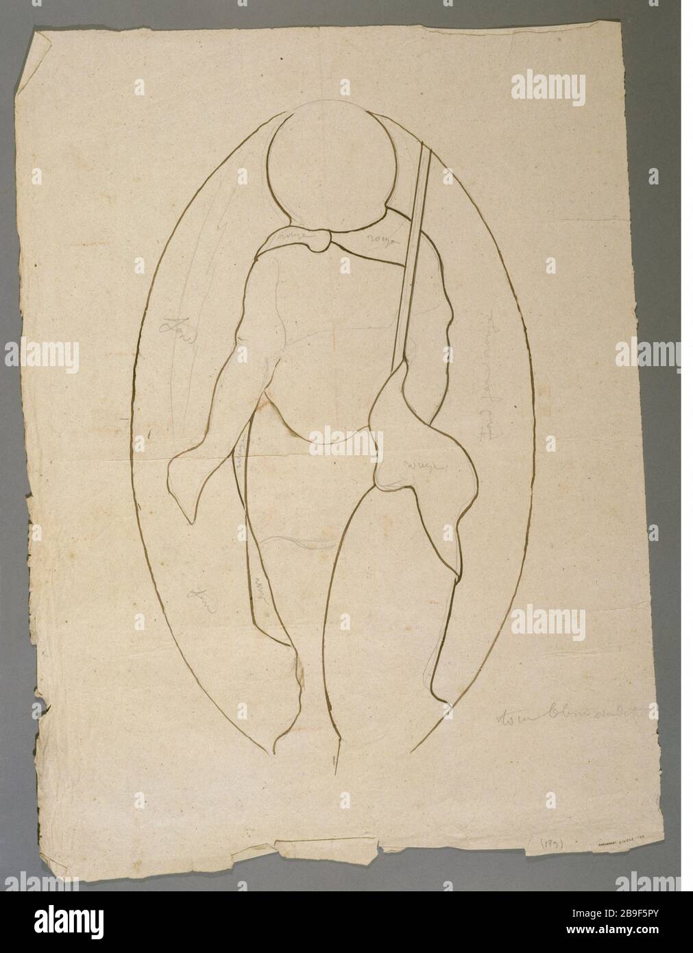 DRAWING OF A STAINED GLASS: CHARACTER WITH COAT ON SHOULDER AND HOLDING A STICK Prosper Lafaye (1806-1883). 'Dessin de vitrail : personnage avec une manteau sur les épaules et tenant un bâton, entre 1845 et 1875'. Paris, musée Carnavalet. Stock Photo