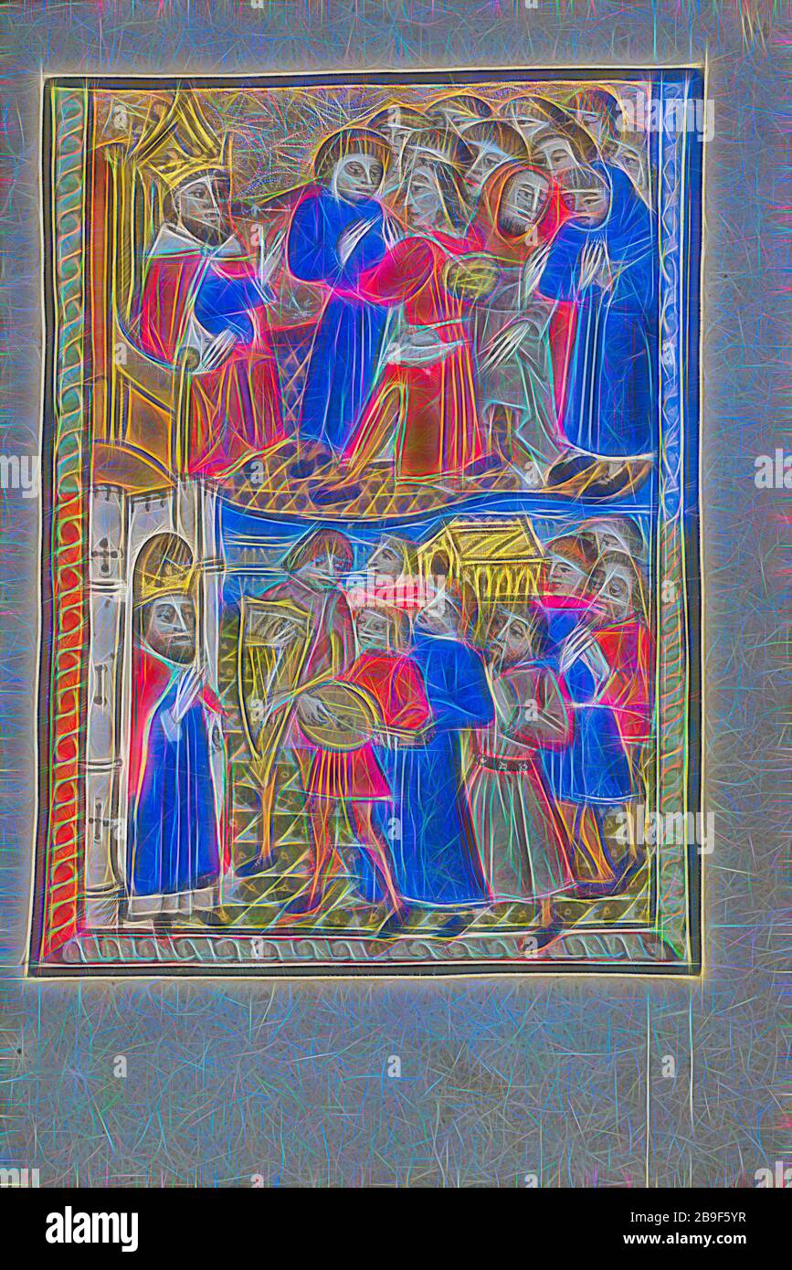 David Bringing the Ark of the Covenant to Jerusalem, Norfolk perhaps (written), East Anglia, England, illumination about 1190, written about 1490, Tempera colors and gold leaf on parchment, Leaf: 11.9 x 17 cm (4 11,16 x 6 11,16 in, Reimagined by Gibon, design of warm cheerful glowing of brightness and light rays radiance. Classic art reinvented with a modern twist. Photography inspired by futurism, embracing dynamic energy of modern technology, movement, speed and revolutionize culture. Stock Photo