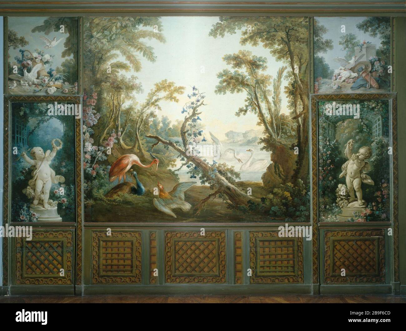 J.B. HUET, JH Fragonard - PANELS DEMARTEAU SALON Jean-Baptiste Huet  (1745-1811), Jean-Honoré Fragonard (1732-1806), François Boucher  (1703-1770). Panneaux du salon Demarteau : "Paysage aux cygnes", "Le  Sacrifice à l'autel de l'Amour", "Eclosion
