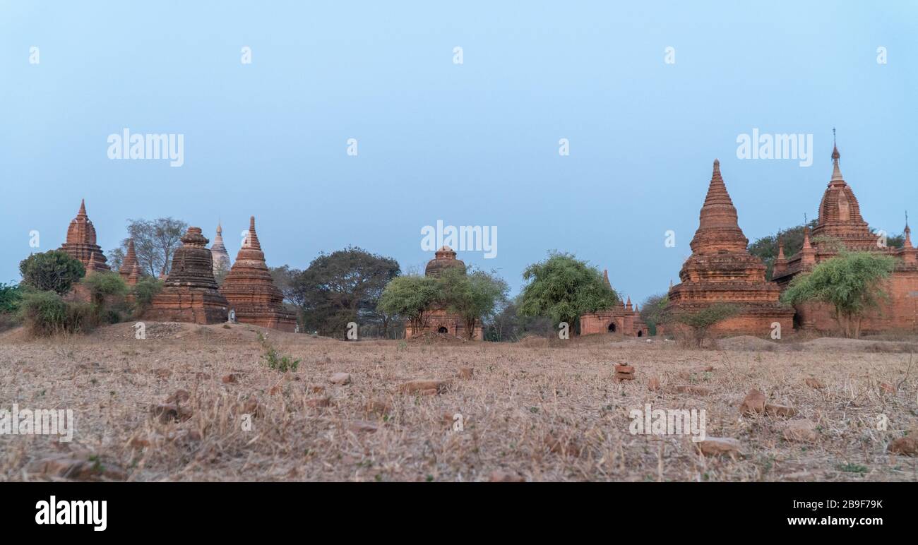 Small temples in Bagan Archaeological Zone. A main attraction for Myanmar tourism. Stock Photo