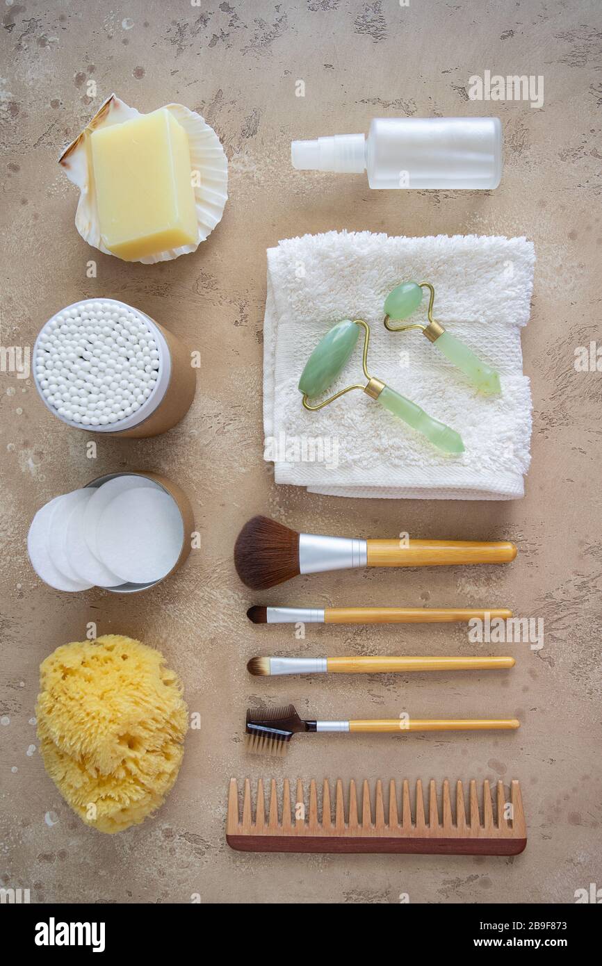 Eco friendly beauty travel accessories. Bamboo cosmetic tools, wood