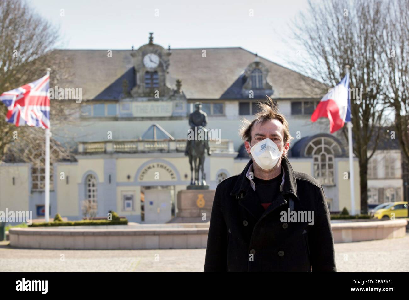 23 March 2020. Montreuil Sur Mer, Pas de Calais, France.  Coronavirus - COVID-19 in Northern France.  Wearing a face mask to help protect himself from Stock Photo