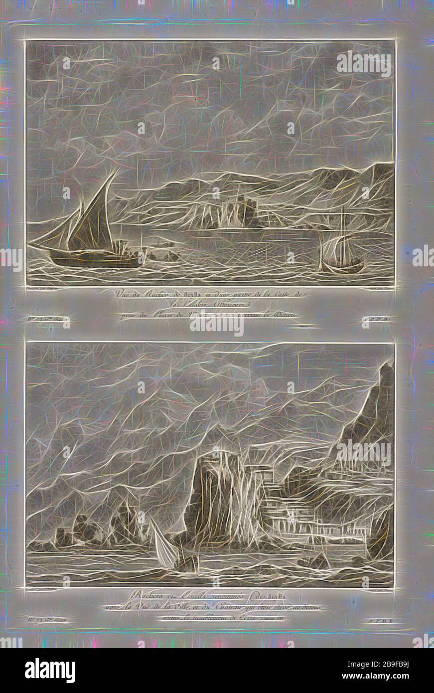Vuë du Rocher de Scylla, Vuë d'Écueil de Scylla, Voyage pittoresque, ou, Description des royaumes de Naples et de Sicile, Chastelet, Claude-Louis, 1753-1794, Choffard, Pierre-Philippe, 1730-1809, Clousier, Desprez, Jean Louis, 1743-1804, Saint Non, Jean Claude Richard de, 1727-1791, Engraving, 1781-1786, Two s, from drawings by Desprez, Plate 72, and Chastelet (also known as Chatelet), Plate 73. Both plates face page 132, Reimagined by Gibon, design of warm cheerful glowing of brightness and light rays radiance. Classic art reinvented with a modern twist. Photography inspired by futurism, embr Stock Photo