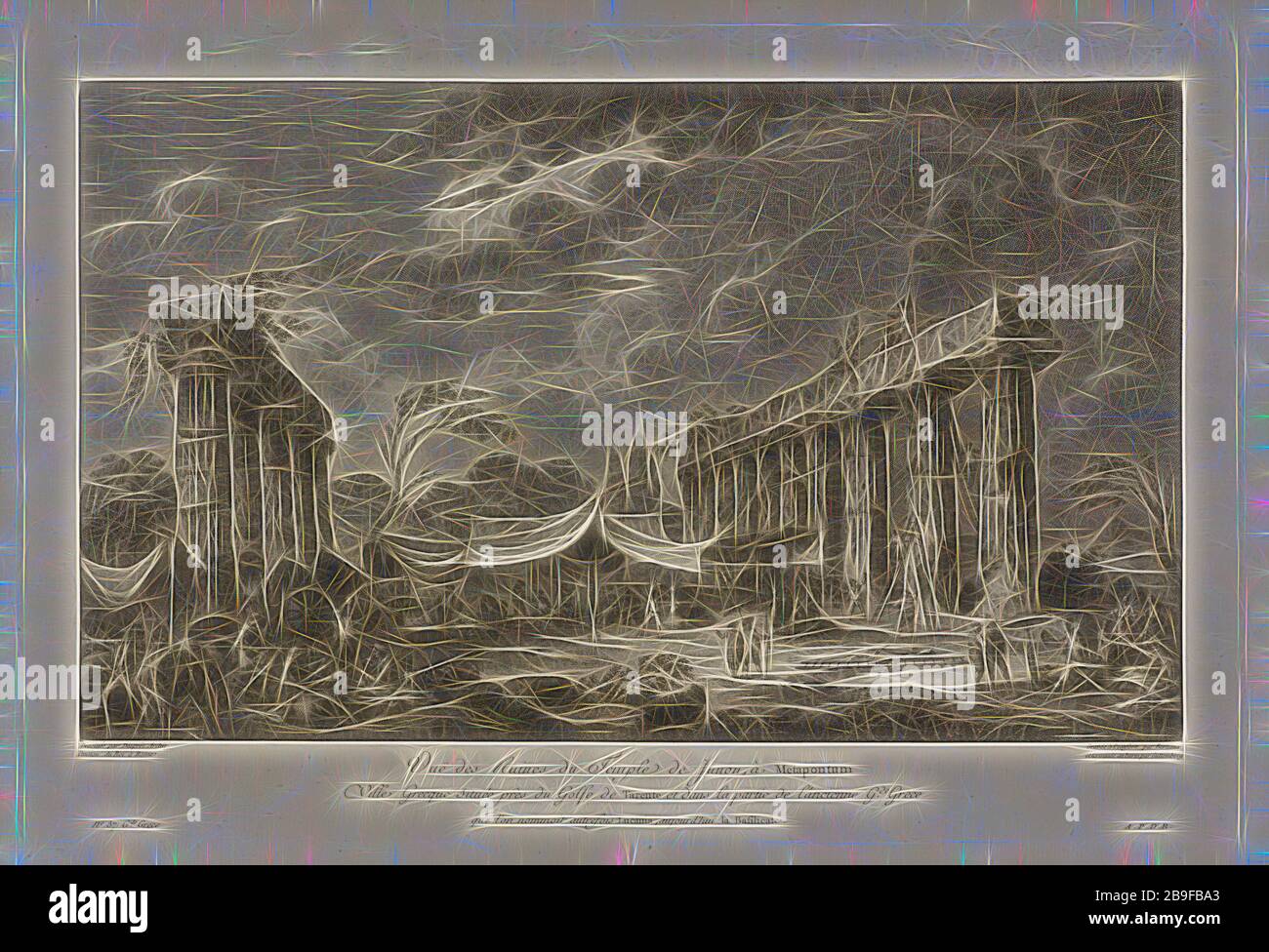 Vue des Ruines du Temple de Junon, a Metapontum, Voyage pittoresque, ou, Description des royaumes de Naples et de Sicile, Bertreaux, Choffard, Pierre-Philippe, 1730-1809, Clousier, Desprez, Jean Louis, 1743-1804, Saint Non, Jean Claude Richard de, 1727-1791, Engraving, 1781-1786, plate 37, facing page 77, of the third chapter, La Grande-Grece, Reimagined by Gibon, design of warm cheerful glowing of brightness and light rays radiance. Classic art reinvented with a modern twist. Photography inspired by futurism, embracing dynamic energy of modern technology, movement, speed and revolutionize cul Stock Photo