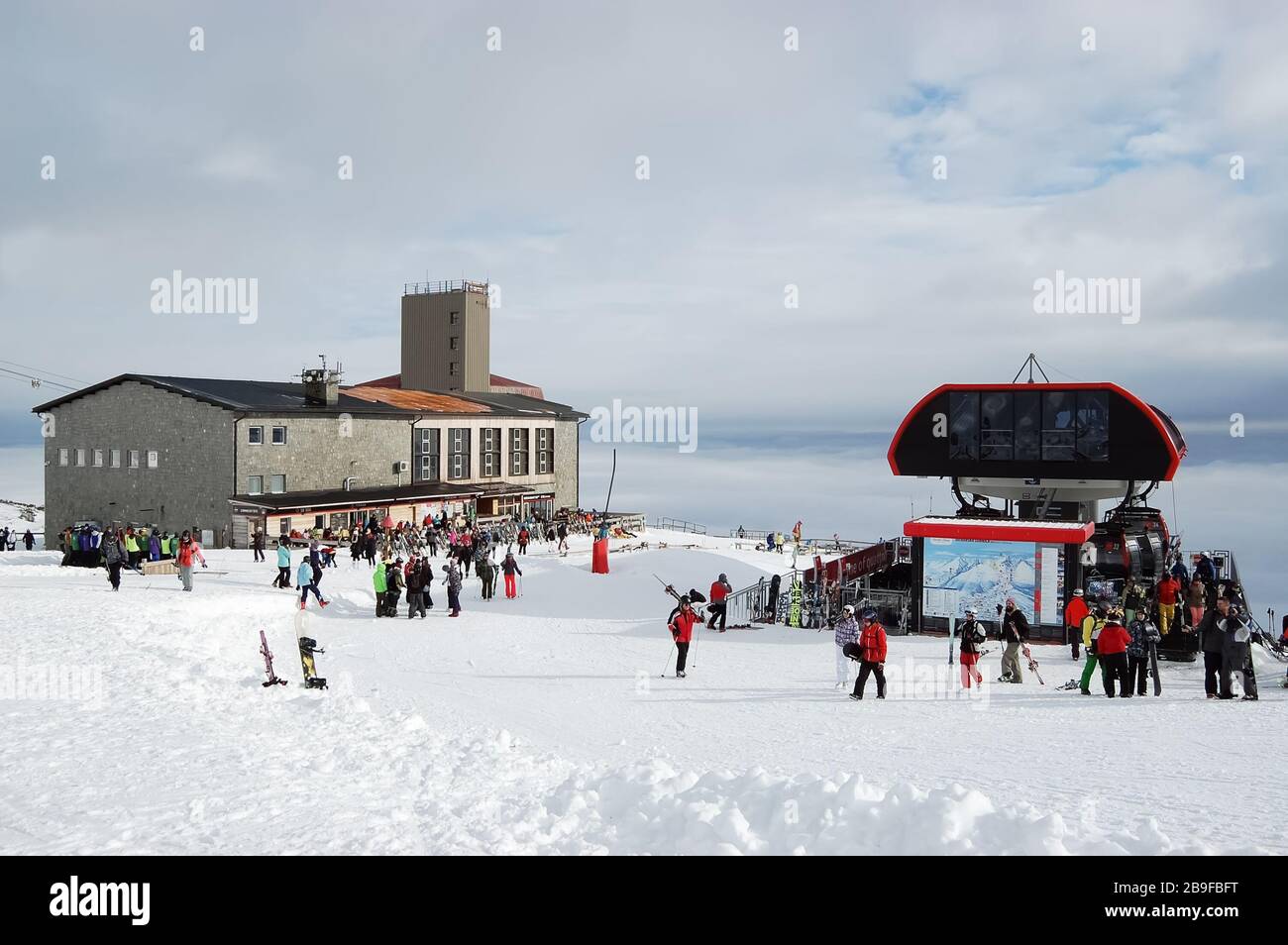 Tatranska Lomnica, Slovakia - January 24, 2018: View from the Skalnate Pleso cable car station in the resort Tatranska Lomnica, High Tatras, Slovakia. Stock Photo