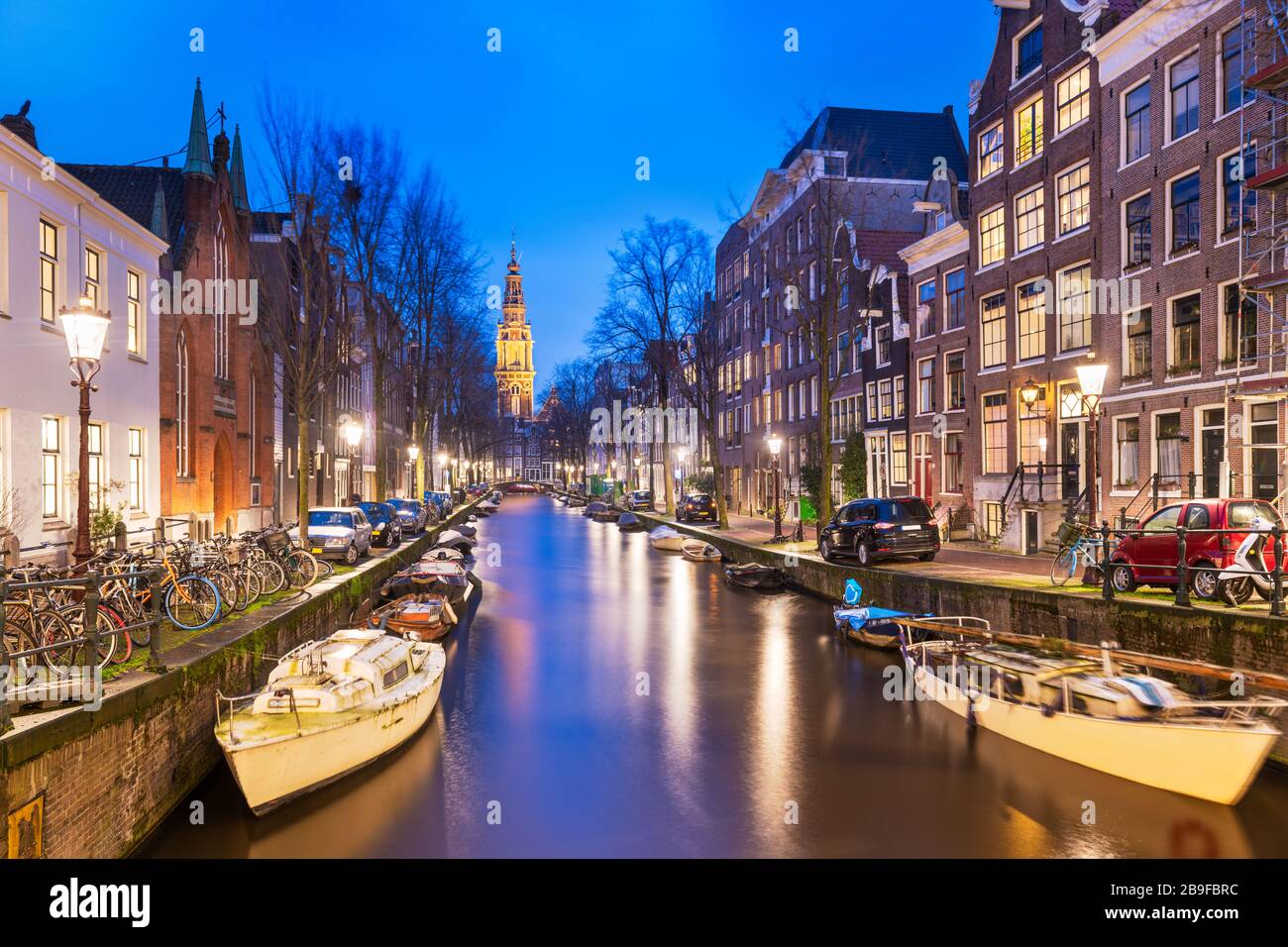 Amsterdam, Netherlands cityscape on the canals with Zuiderkerk. Stock Photo