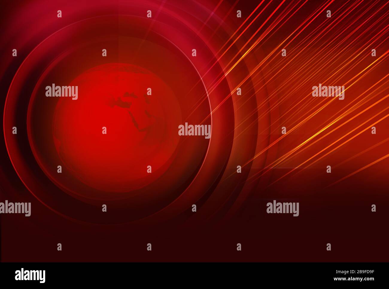 Graphical red theme background with motion lines around earth globe Stock Photo