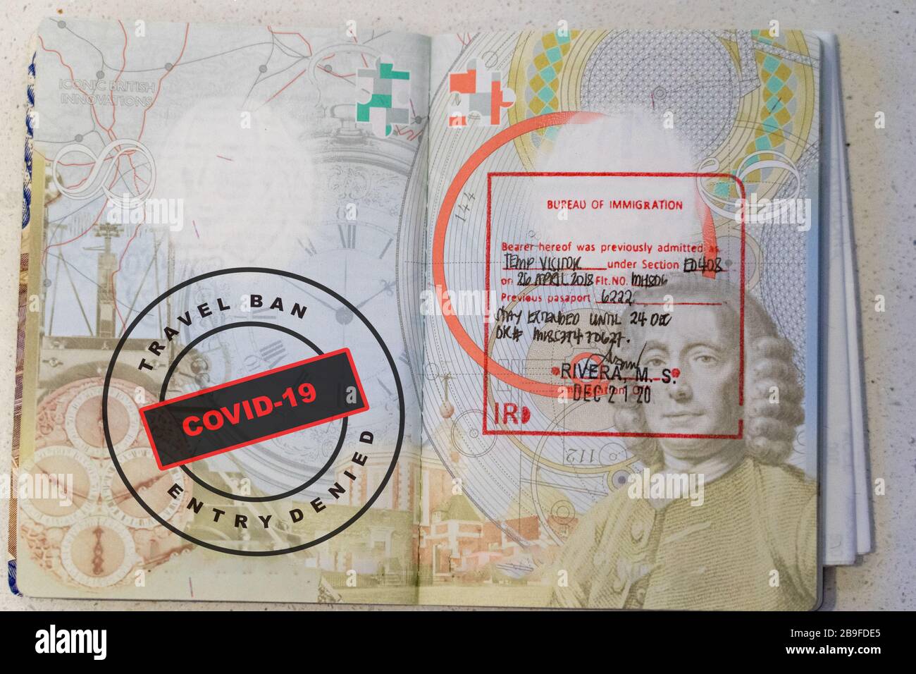 Inside of a British Passport,Concept image relating to restricted International travel during the Coronavirus Pandemic 2020 Stock Photo