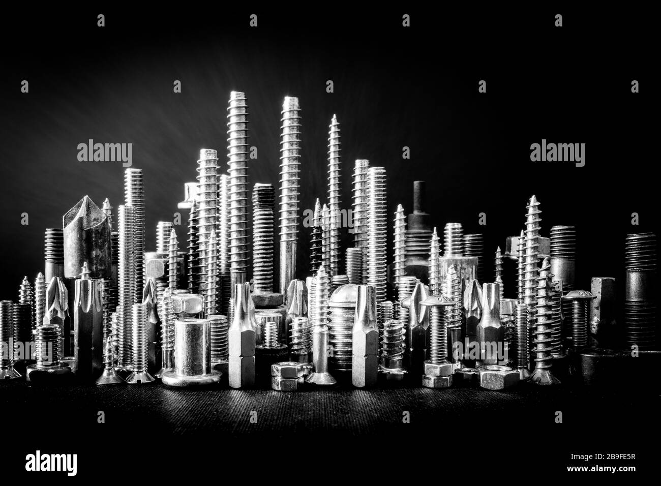 Screws, Nuts and Bolts Miniature City Skyline, Screw City Stock Photo