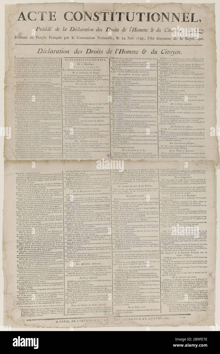 CONSTITUTIONAL ACT ABOVE THE DECLARATION OF HUMAN RIGHTS & THE CITIZEN Anonyme. 'Acte Constitutionnel précédé de la Déclaration des Droits de l'Homme & du Citoyen'. Typographie. 1793. Paris, musée Carnavalet. Stock Photo