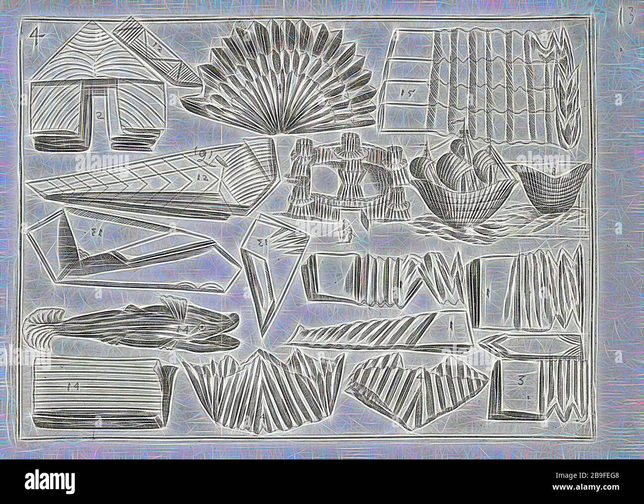 Folded napkins, Li tre trattati di messer Mattia Giegher, bavaro di  Mosbvrc, trinciante dell'ill.ma natione alemanna in Padova, Giegher,  Mattia, Engraving, 1639, The plate is from the treatise entitled Trattato  delle piegature, image size:1300x1018