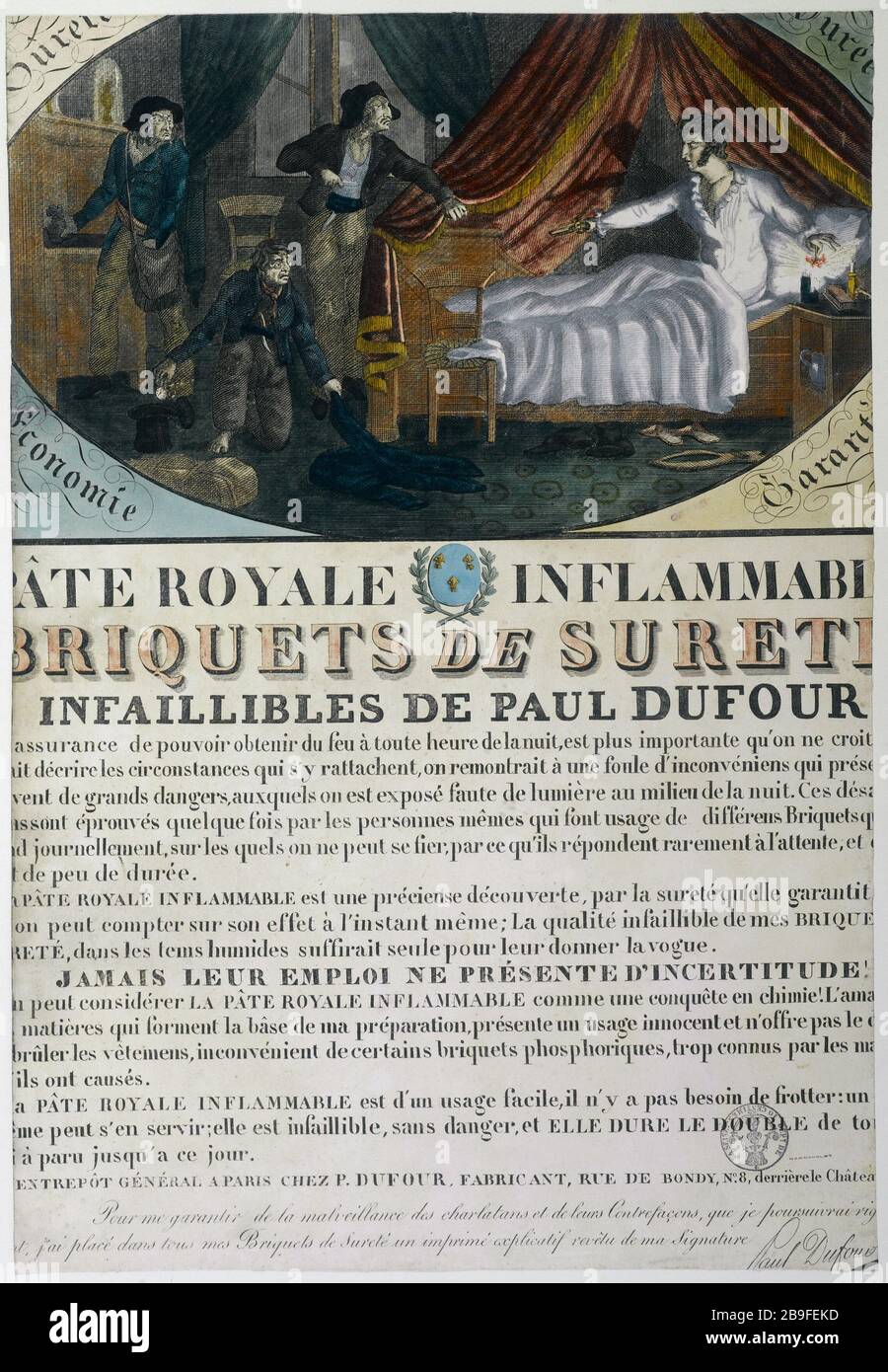 KEEPER OF NIGHT, PASTE ROYAL FLAMMABLE, LIGHTER SAFETY INFALLIBLE PAUL DUFOUR 'Le Gardien de Nuit, Pâte Royale Inflammable, Briquets de Sûreté Infaillibles de Paul Dufour'. Affiche. Vers 1825. Paris, musée Carnavalet. Stock Photo