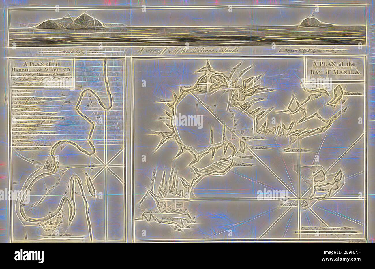 A Plan of the Harbour of Acapulco, A Plan of the Bay of Manila, A View of 2 of the Ladrone Islands, A Plan of the Harbour of Acapulco, A Plan of the Bay of Manila, A voyage round the world, in the years MDCCXL, I, II, III, IV by George Anson, Esq., commander in chief of a squadron of His Majesty's ships, sent upon an expedition to the South-Seas: compiled from papers and other materials of the Right Honourable George Lord Anson, and published under his direction, Seale, Richard William, fl. 1732-1775, Walter, Richard, 1716?-1785, Etching, 1748, Copperplate etching, a fold out plate depicting t Stock Photo