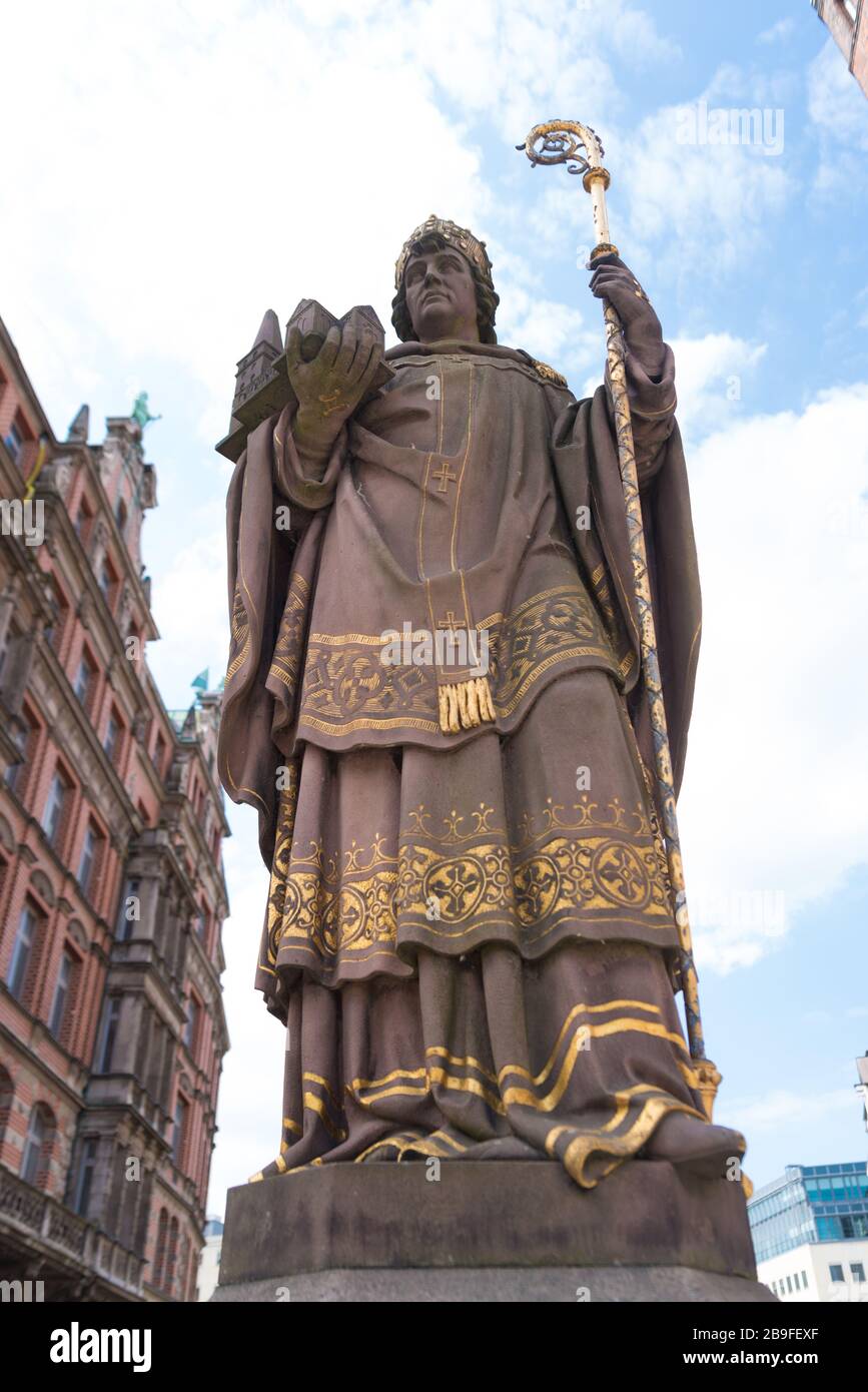 Statue of St Angsar, Archbishop Ansgar von Hamburg - Bremen, the founder of Hamburg cathedral in Old Town Stock Photo